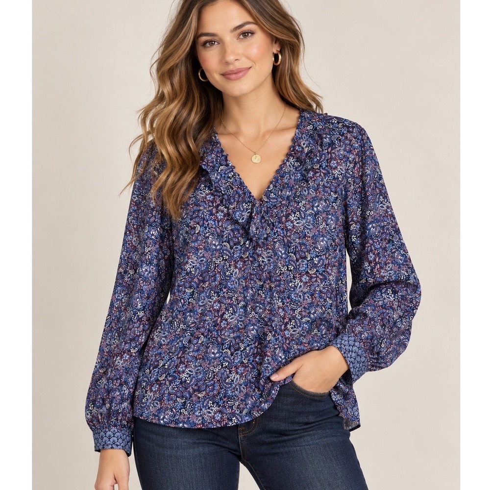 J. Jill Ruffle Neck Blouse Women LP Blue Paisley Rayon Long Sleeve Boho Classic